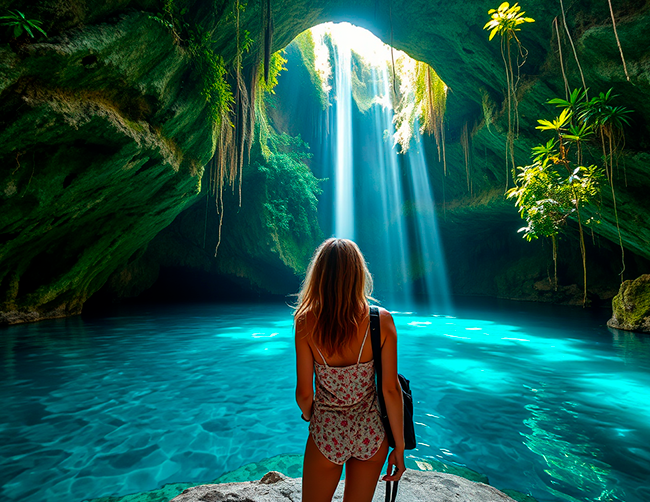 Luxury traveler discovering a breathtaking underground cenote, embracing the untouched beauty of the Mayan world. | Ile Tours