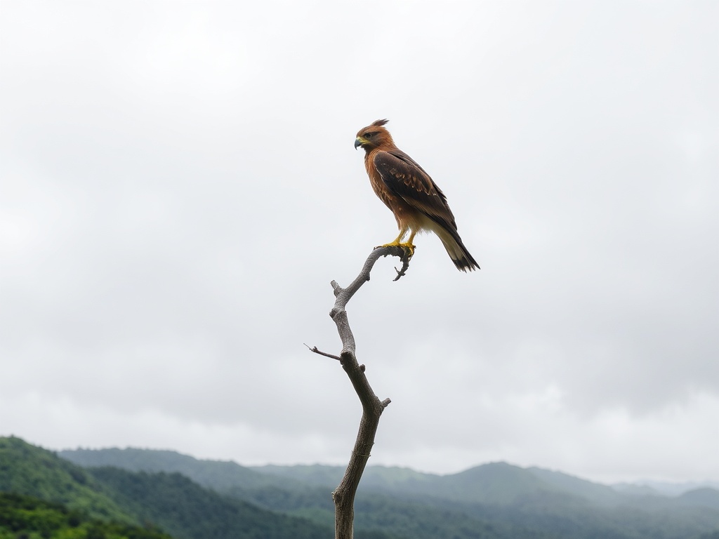 Galápagos hawk perched above green valley under cloudy sky | Ile Tours