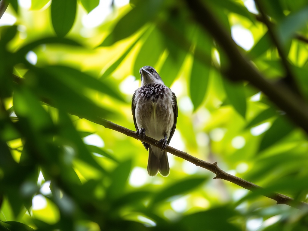 Galápagos mockingbird perched on leafy branch in green forest canopy | Ile Tours