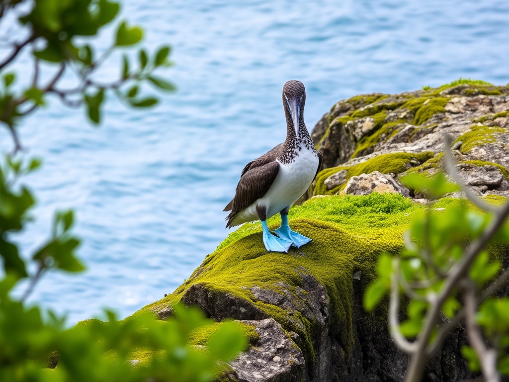 Blue-footed booby standing on mossy rock surrounded by green vegetation | Ile Tours
