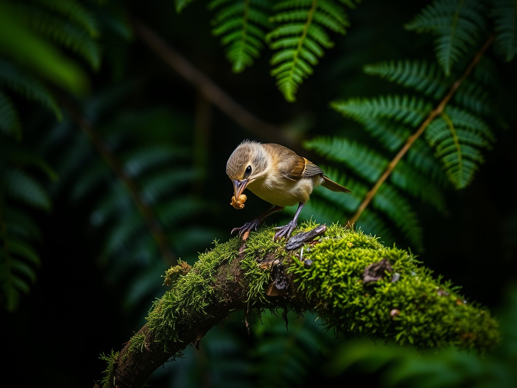 Galápagos finch feeding on mossy branch in humid forest | Ile Tours