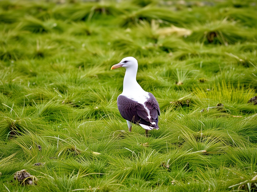 Waved albatross standing in green field during breeding season in Galápagos | Ile Tours