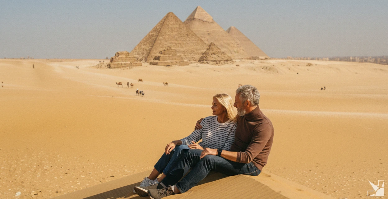 Mature couple walking peacefully at the Great Pyramids with their private Egyptologist, completely avoiding crowds | Ile Tours