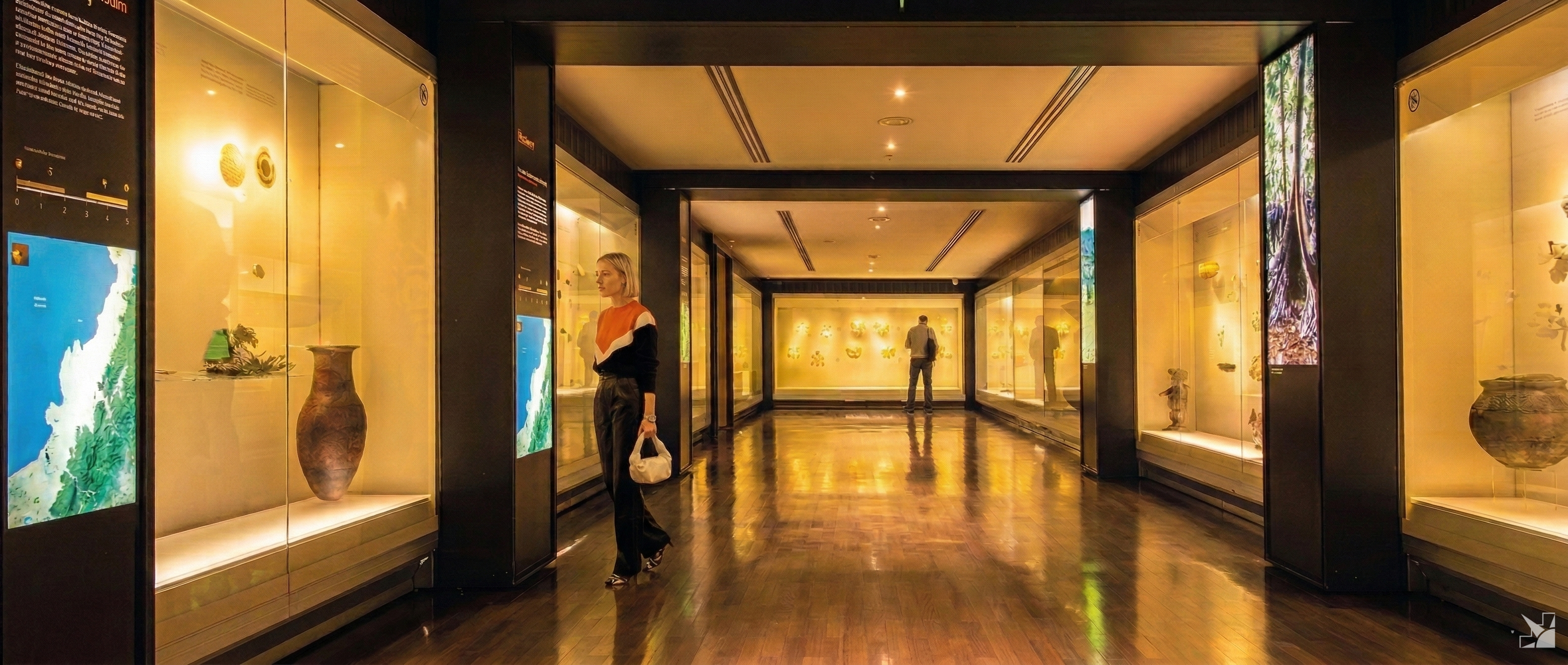 Affluent couple admiring intricate pre-Columbian gold artifacts with a private historian inside the Gold Museum in Bogota | Ile Tours
