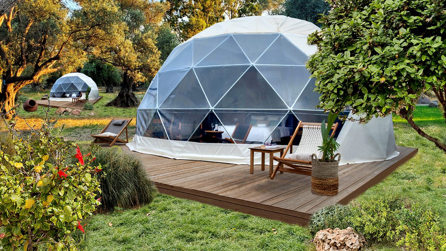 Geodesic dome glamping structures with outdoor furniture in natural Peruvian landscape | Ile Tours