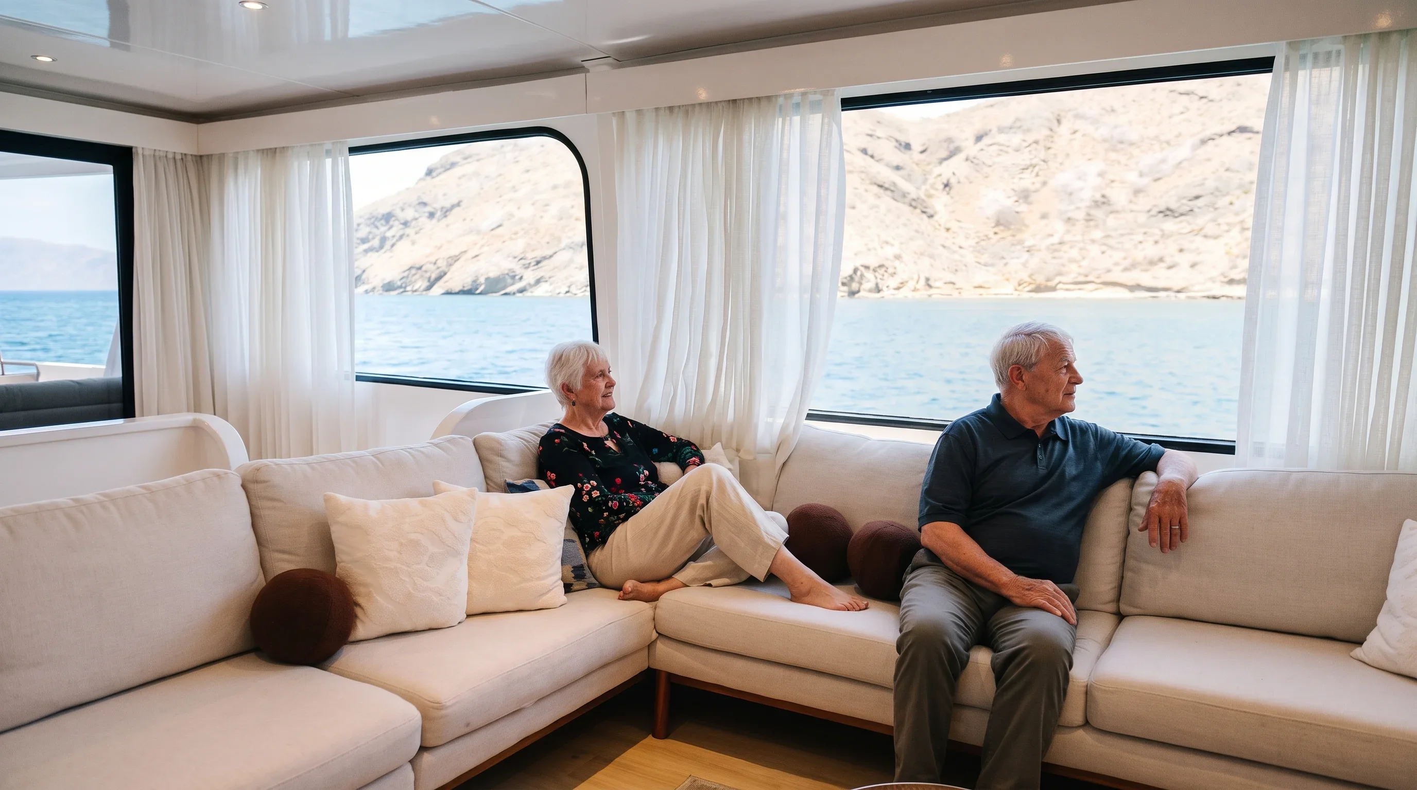 Senior travelers seated inside panoramic observation lounge aboard a Galápagos expedition yacht