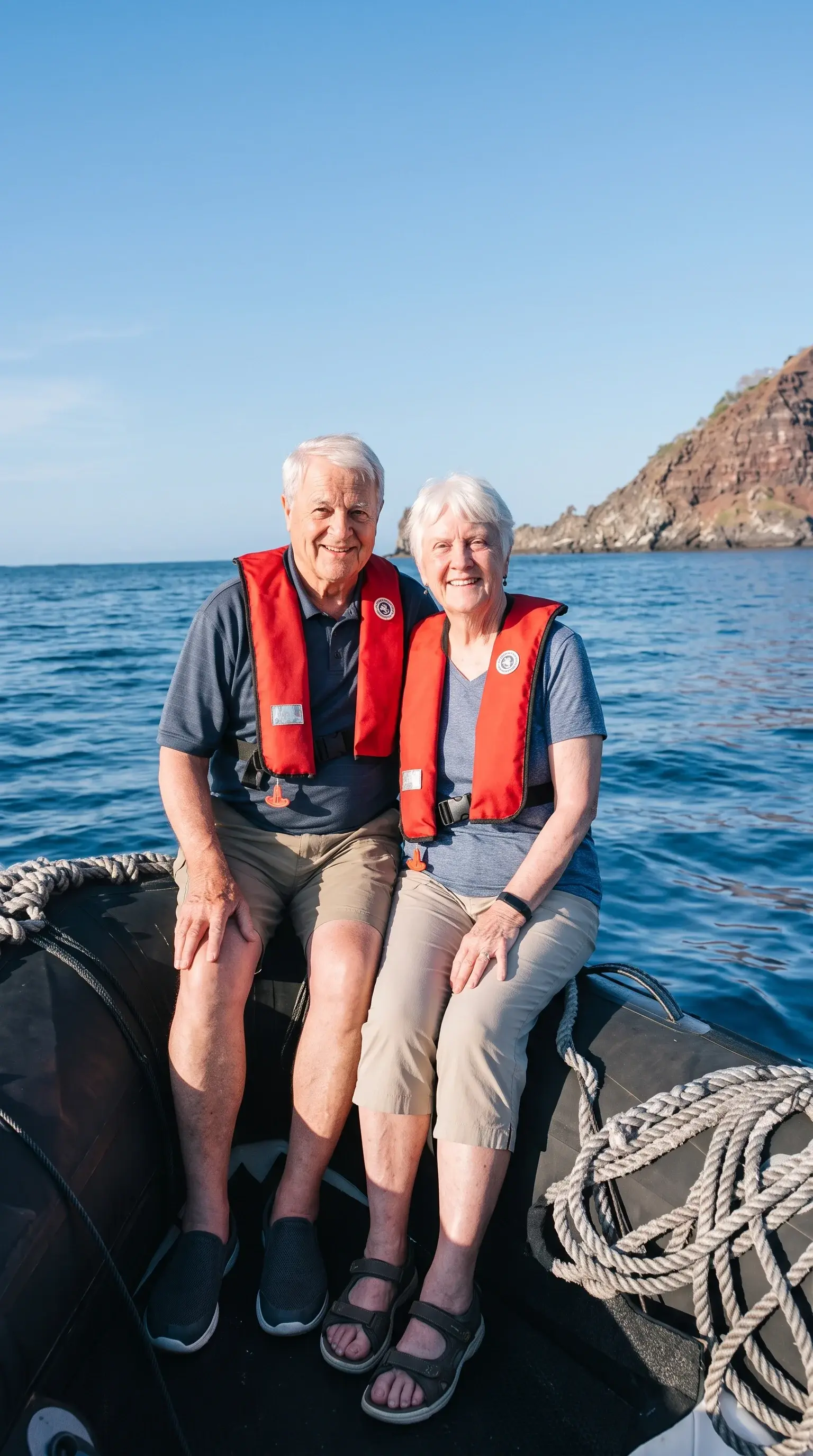 Senior travelers seated comfortably in an expedition dinghy during a coastal wildlife viewing excursion in the Galápagos Islands