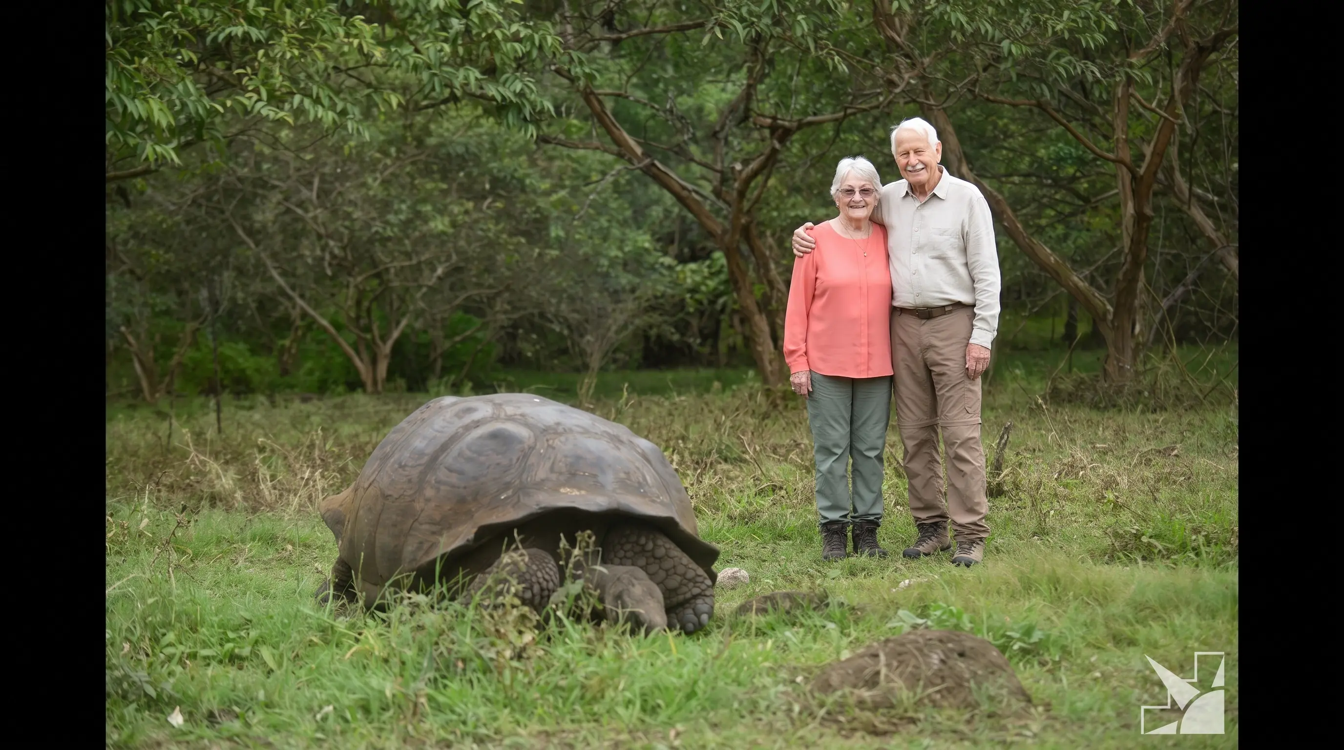 Senior couple standing beside a giant Galápagos tortoise during a guided wildlife excursion