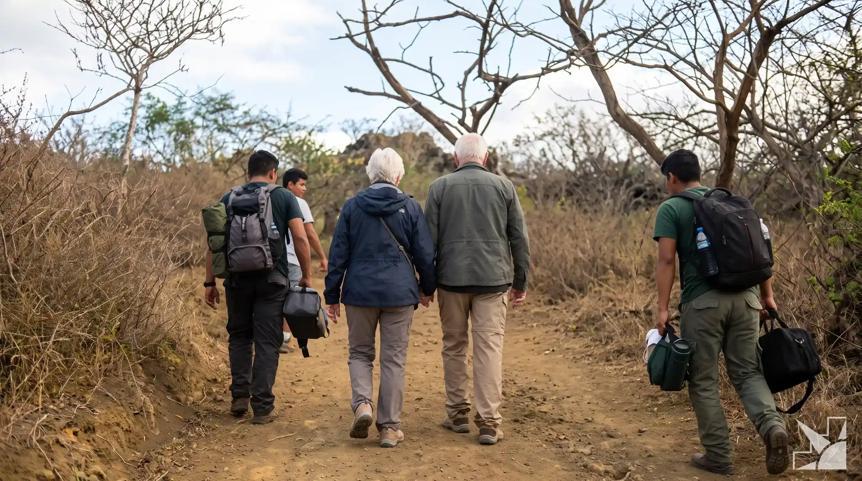 Senior couple walking with Galápagos naturalist guides on an accessible trail through volcanic island landscapes
