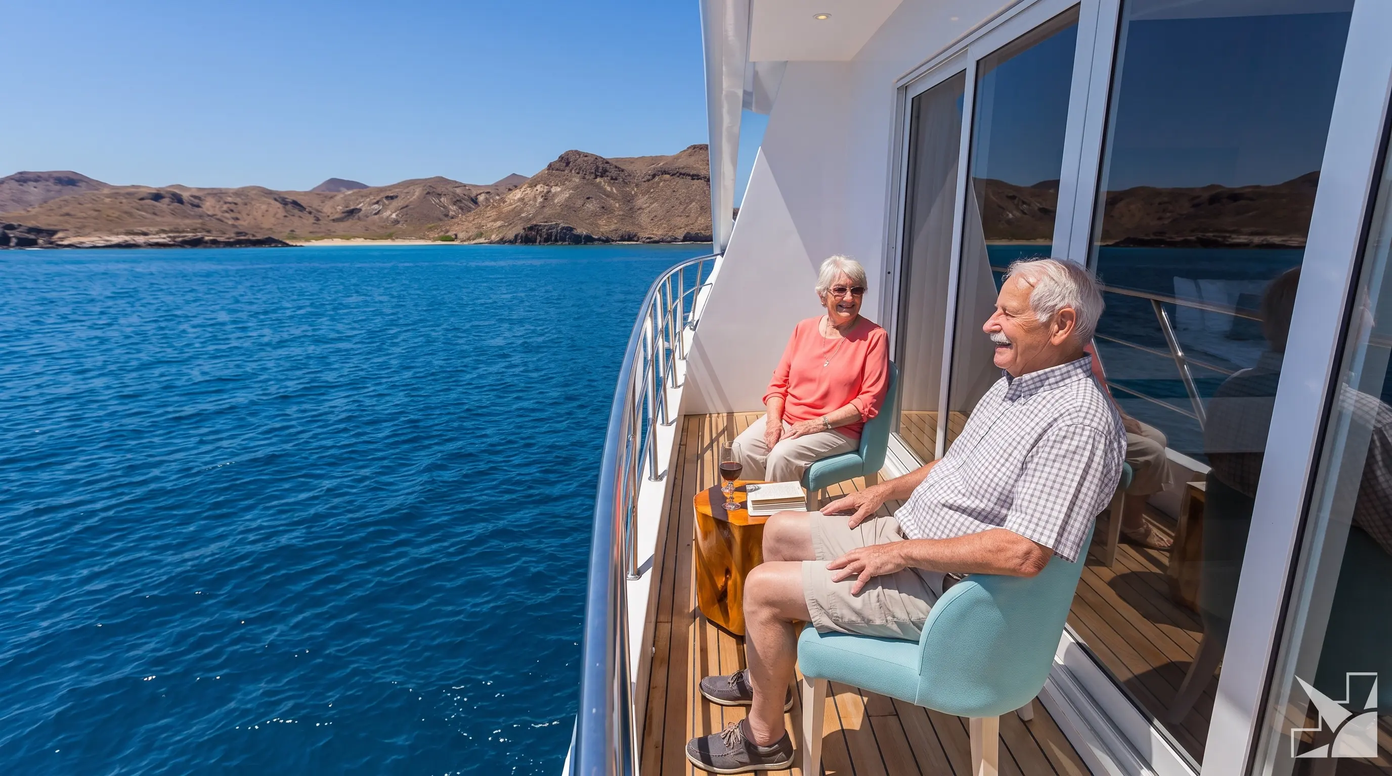 Senior couple seated on private yacht balcony overlooking calm Galápagos waters and volcanic coastlines
