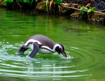 Galápagos penguin diving near green shoreline during light rain | Ile Tours