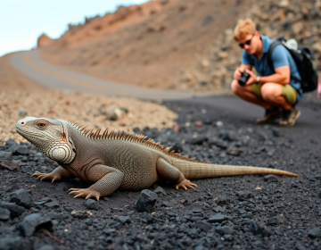 Lava lizard resting on moss-covered branch surrounded by green forest floor | Ile Tours