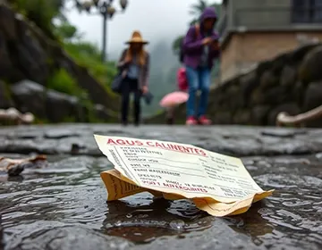 Wet train ticket on stone path near Machu Picchu with traveler in background | Ile Tours