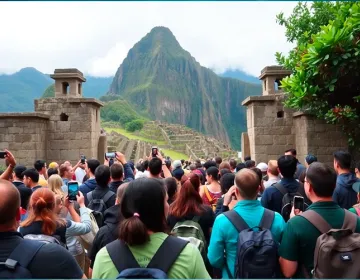 Tourists gathering at Machu Picchu’s entrance while one traveler reflects quietly | Ile Tours