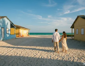 A couple walking on the vast, empty white sand beach of El Cuyo with emerald green ocean water | Ile Tours