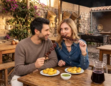 Traditional Peruvian anticuchos with potatoes and chicha morada in rustic courtyard | Ile Tours