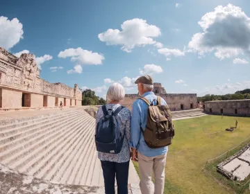 Senior travelers overlooking Mayan archaeological complex with minimal visitor presence | Ile Tours