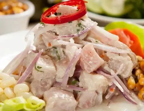 A close-up of a fresh bowl of Peruvian ceviche, featuring marinated fish, red onions, and cilantro, garnished with a slice of sweet potato, representing Peru's national dish | Ile Tours