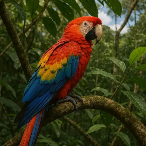 Um vibrante arara exibindo suas asas coloridas enquanto está empoleirada perto de um balde, com pessoas observando ao fundo | Ile Tours